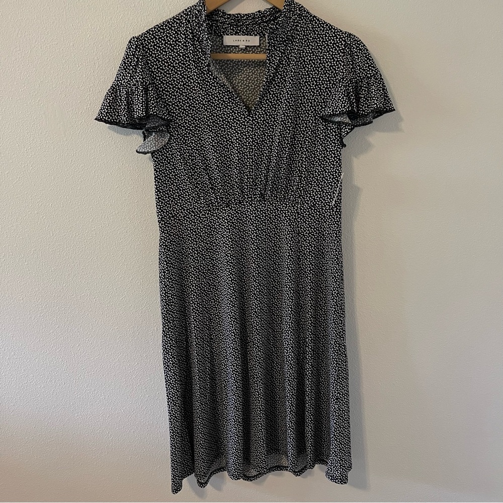 Lark & Ro Micro Half Moon Print Stretch Jersey Mini Dress Black Ruffle NWT-10